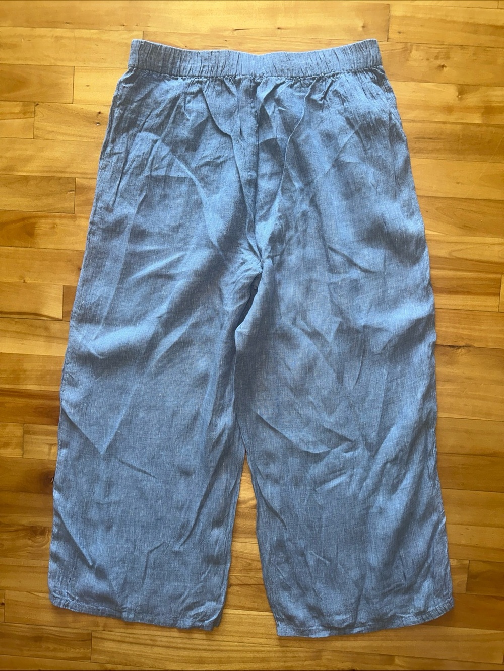 Eileen Fisher Organic Linen Delave Wide Leg Crop Pants Blue Pull On P/M Petite - Picture 7 of 7